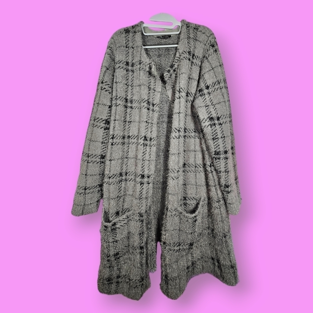 Lily Morgan Dark Grey Plaid Open Front Long Sweater Cardigan Size 2X
